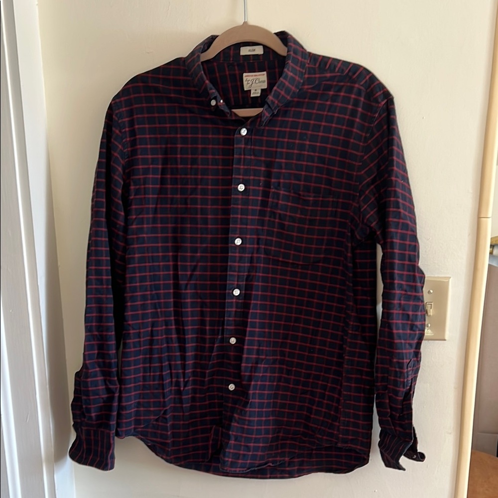 J.Crew Men's Dark Blue and Red Plaid Shirt 100% Cotton Long Sleeve size Medium